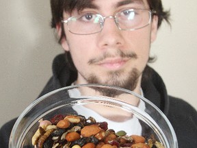 Nick Hiebert displays his "Roasted Insect Snack Mix."
