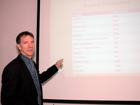 Tom Schell, director of the Centre for Sustainable Food Systems with the Southwest Economic Alliance, met with potential stakeholders Monday in St. Thomas to consult on locating a regional food processing plant in Elgin county.Ian McCallum/Times-Journal