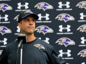 Head coach John Harbaugh of the Baltimore Ravens answers questions during a news conference at the teams training facility. (Rob Carr/Getty Images/AFP)
