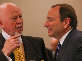 Don Cherry and Gary Bettman at the Canadian Club of Canada at the Sheraton Centre in Toronto on Monday, September 22, 2014. (Dave Thomas/Toronto Sun)