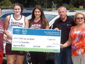 Wallaceburg's Progressive Ford donated $6,000 to the Wallaceburg Tartans senior girls basketball team through their Drive 4 UR School program. The program is an opportunity for schools and their clubs, groups and extracurricular activities to raise money. With the help of a local Ford dealership, schools organize, promote and hold a one day Ford test drive event for the surrounding community. The recent Drive 4 UR School program was held in August at the Knights of Columbus building on Baseline Road. Accepting the money are from left, Janine Day, Sawyer Fischer and Kirsten Zelina from Progressive Ford's Terri Bechard and Dan Whitton.