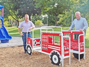 Mike Kraemer (left) and Paul Van Gerwen of the Rotary Club of Mitchell are proud of their new addition to their playground at the south end of town. KRISTINE JEAN/MITCHELL ADVOCATE