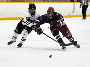 Colton Drinkwalter (28) of the Mitchell Hawks races Kincardine Bulldogs’ Matthew Mah (88) for a loose puck in the Kincardine end Sunday during Western Jr. C hockey action. Mitchell led 3-0 and but settled for a 3-3 deadlock. ANDY BADER/MITCHELL ADVOCATE
