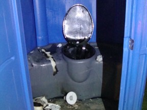 Mounties released this picture of a porta-potty set ablaze in Spruce Grove in September, 2014. (SUPPLIED)