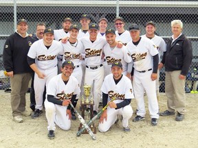 Members of the Sebringville Jr. Sting are, back row (left): Coach Ken Wolfe, Coach Randy Fink, Brett Pfeifer, Cody Bromley, Mike Wolfe, Trevor Wilhelm, Chad Fink, Coach Brian Bromley. Middle row (left): Aaron Bald, Tyler Sager, Charlie Molson, Brett Furtney, Darryl Schwartzentruber. Front (left): Scott Ernest and Matt Eidt. Absent was Ben Heinbuck, Matt Downey. SUBMITTED