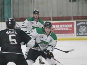 Drayton Valley Thunder coaching staff selected five players that will wear letters for the 2014/2015 season. #11 Brett Smythe, received the captain’s designation, while #17 Trevor Poirier (left) and #19 Brayden Harris, were named assistant captains, as well as #6 Nathan Deyell and #28 Robert Cain will act as alternating assistant captains.