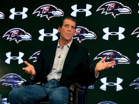 Baltimore Ravens owner Steve Bisciotti addresses the media during a news conference at the team's practice facility concerning the recent controversy surrounding former player Ray Rice on September 22, 2014 in Owings Mills, Maryland.  (Rob Carr/Getty Images/AFP)