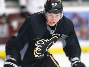 Sam Bennett takes part in a drill at the Calgary Flames training camp on Monday. (Al Charest/QMI Agency)