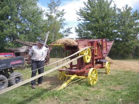 Sydenham Antique Club member William Gray feeds sheaves into the clubs rare Champion Canadien grain separator. It was just one of dozens of antique farm equipment on display at the 27th annual Grand Ole Power Days, held in Florence, Ont.