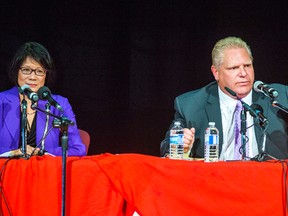 Mayoral candidates (from left) Olivia Chow, Doug Ford and John Tory at York Memorial Collegiate Institute for the York South-Weston mayoral candidates debate in Toronto, Ont. on Tuesday, September 23, 2014. (Ernest Doroszuk/Toronto Sun)