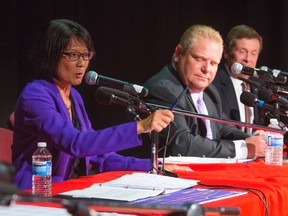 Mayoral candidates Olivia Chow (from left), Doug Ford and John Tory at York Memorial Collegiate Institute for the York South-Weston mayoral candidates debate  in Toronto, Ont. on Tuesday September 23, 2014. Ernest Doroszuk/Toronto Sun/QMI Agency