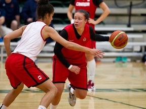 Shona Thorburn (right) drives against Canadian women’s basketball teammate Kia Nurse at a recent practice in Edmonton — the host city for next year’s Olympic qualifier. Ian Kucerak/QMI Agency)