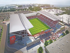 An artist’s rendering of BMO Field after its coming renovations, from above the north stands.