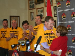 United Fire Fighters of Winnipeg president Alex Forrest announced at the Fire Fighters Museum of Winnipeg on Sept. 22, 2014, that the union is endorsing Judy Wasylycia-Leis in the fall election. Robert-Falcon Ouellette has taken issue with the endorsement and what it entails. (KRISTIN ANNABLE/WINNIPEG SUN FILE PHOTO)