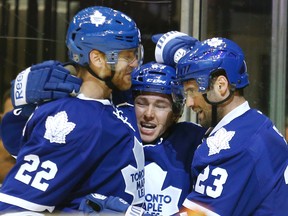 Leafs' Brandon Kozun celebrates his goal against the Philadelphia Flyers at the Air Canada Centre in Toronto on Tuesday September 23, 2014. (Craig Robertson/Toronto Sun)