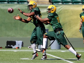 Eskimos SAM LB Otha Foster, left, can often be found at the CB position, swapping out with teammate Alonzo Lawrence. (David Bloom, Edmonton Sun)