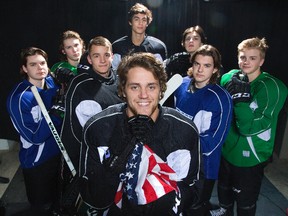 Kelly Klima, Benjamin Gleason, Tyler Parsons, Chris Martenet, Dakota Mermis (in front) Brandon Crawley, Kevin Klima and Drake Rymsha are eight of 11 American players on the London Knights? roster. (DEREK RUTTAN, The London Free Press)