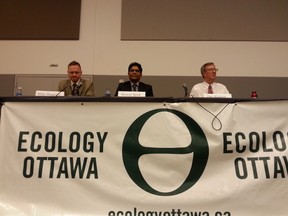 Ottawa mayoral candidates Mike Maguire, Anwar Syed and Jim Watson prepare for a debate at the Ottawa Convention Centre Wednesday evening. JON WILLING/OTTAWA SUN