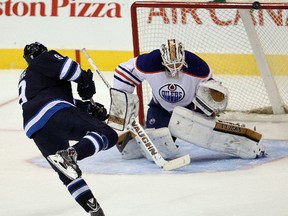 Laurent Brossoit faced a penalty shot in the first period taken by Jets forward Evander Kane, who rang his shot off the crossbar. (Brian Donogh, QMI Agency)