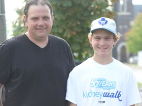 Greg D'Hulster, left, and his son Dylan await the start of the Kidney Walk 2014 in front of the Tillsonburg District Memorial Hospital on Sunday, Sept. 21, 2014. Several years ago, Greg donated a kidney to Dylan. KIM NOVAK/Tillsonburg News