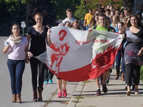 Glendale High School students walk to Lake Lisgar during Wednesday morning's annual Terry Fox Run. CHRIS ABBOTT/TILLSONBURG NEWS