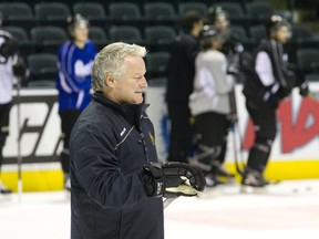 London Knights head coach Dale Hunter skates during a team hockey practice at Budweiser Gardens in London on Thursday. The Knights play host to the Plymouth Whalers for their regular season home opener Friday. (CRAIG GLOVER/The London Free Press/QMI Agency)