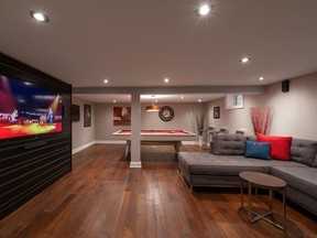Bold colours dominate in Just Basements’ “Renfrew”, nominated for Basement Renovation $74,999 and under.