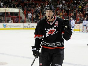 Jordan Staal #11 of the Carolina Hurricanes reacts after scoring a goal against the Edmonton Oilers. (Grant Halverson/Getty Images/AFP)