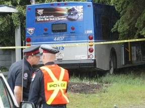 Police at the scene of a minor crash involving an ETS Bus and a pickup truck. (EDMONTON SUN FILE)