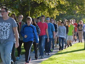 Central Elgin Collegiate Institute students walk along Elm St. in St. Thomas Thursday as part of the school's Terry Fox Run.

Contributed photo