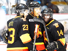 From left, Belleville Bulls teammates Niki Petti, Stephen Harper and Jordan Subban celebrate a goal during Friday night's 6-0 upset of the defending OHL champion Guelph Storm in Guelph. (AARON BELL/OHL Images)