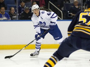 Maple Leafs' Tyler Bozak carries the puck against the Buffalo Sabres in pre-season action on Sept. 27. (USA Today Sports)