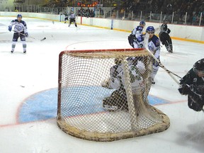 The Wildcats score the winning goal on the Sudbury Nickel Barons on Friday evening at the Centennial Arena in Elliot Lake after 41 seconds of overtime.
Photo by KEVIN McSHEFFREY/THE STANDARD/QMI AGENCY