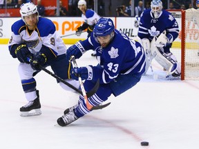 Nazem Kadri of the Toronto Maple Leafs tries to get away from Jaden Schwartz of The St. Louis Blues during NHL action in Toronto on Tuesday March 25, 2014. (Dave Abel/QMI Agency)