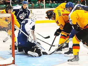 Belleville Bulls storm the Sudbury Wolves net during Saturday's opening night action at Yardmen Arena. (DON CARR for The Intelligencer)