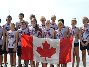 North Lambton's U16 mixed dragon boat team celebrates a gold-medal performance at the Club Crew World Championships in Italy. The Super Strokers brought home a total of five medals earlier this month in their debut appearance at the world championships. SUBMITTED PHOTO