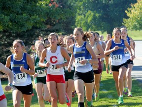 Laurentian cross-country team members Michelle Kennedy (left), Emily Marcolini, Samantha Edwards and Maddy Bak take part in the Harry Anderson Invitational at Rochester, N.Y., on the weekend. The LU runners had a record-breaking performance.