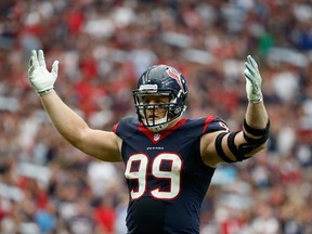J.J. Watt #99 of the Houston Texans pumps up the crowd in the fourth quarter of their game against the Buffalo Bills at NRG Stadium on September 28, 2014 in Houston, Texas. (Scott Halleran/Getty Images/AFP)