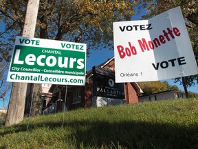 Elections signs for incumbent Bob Monette shown in the Orleans Ward on Sunday Sept 28,  2014.    
Tony Caldwell/Ottawa Sun/QMI Agency