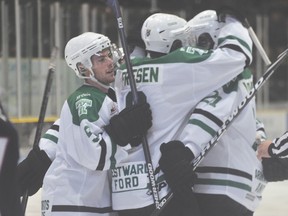 The Portage Terriers celebrate a goal during their 6-3 win over Dauphin Sept. 28. (Kevin Hirschfield/The Graphic/QMI Agency)