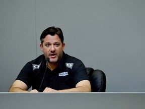 Tony Stewart, driver of the #14 Bass Pro Shops/Mobil 1 Chevrolet, speaks during a press conference at Stewart-Haas Racing on September 29, 2014 in Kannapolis, North Carolina. (Grant Halverson/Getty Images/AFP)