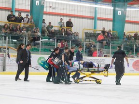 Following a legal hit during a game against the Sherwood Park Crusaders on Sept. 19, Thunder defenceman Brodie Clowes (#7) was taken off ice by paramedics after suffering a concussion. Clowes sat out of last week’s games and will need to pass tests before returning to the ice.