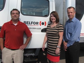 Brandon White, general manager of Belfor Restoration, Jodi Maroney of the Chatham-Kent Hospice and Brad Campbell of the Chatham-Kent Children's Safety Village recently unveiled plans for a Christmas fundraiser. The 'Fun Raiser' will be held at the Portuguese Canadian Social Club on Nov. 21 and 22. Both nights will include a dinner and a show featuring the Dueling Pianos, with proceeds going to the safety village and the hospice.