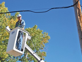 Workers contracted by Axia recently began the installation to expand its fibre optic network into residential areas. Here, Paul Dickie hoists a line onto a power pole near County Central High School on Friday. The residential service should become available early in the new year, said Troy Jenkins, Axia’s community regional manager. 
Simon Ducatel Vulcan Advocate