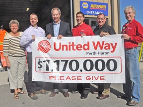 The United Way Perth-Huron kicked off its annual fall campaign with a bus tour through Perth and Huron Counties last Wednesday, Sept. 24 and made a stop at Ideal Supply in Mitchell. This year’s goal is $1,170,000. On hand for the campaign launch were Mimi Price (left), Stratford-Perth YMCA CEO; Brad Weber, Ideal Supply Mitchell branch manager; Tim MacDonald, Ideal Supply CEO; Ryan Erb, Perth-Huron United Way executive director; and campaign chairs John Bates and Wayne Smith. KRISTINE JEAN/MITCHELL ADVOCATE