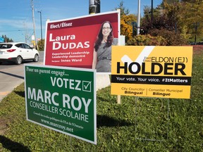 Elections signs in the Innes Ward on Sunday Sept 28,  2014. Transportation is the big issue in the ward.   
Tony Caldwell/Ottawa Sun/QMI Agency