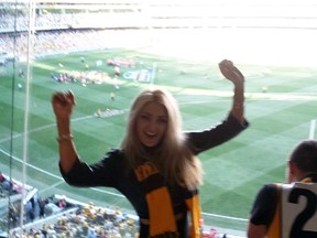 Scottish model Heather McCartney during the Hawthorn-Sydney AFL Grand Final on Saturday. (Facebook)