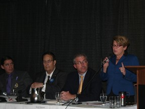 Mayoral hopefuls (left to right) Robert-Falcon Ouellette, David Sanders, Gord Steeves and Judy Wasylycia-Leis debated infrastructure issues at a debate sponsered by CAA Manitoba and Association of Manitoba Municipalities at the Clarion Hotel in Winnipeg on Monday, Sept. 29, 2014.
KRISTIN ANNABLE/Winnipeg Sun/QMI Agency