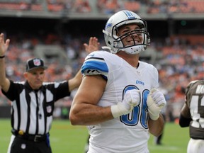 Lions tight end Joseph Fauria is out of the lineup after injuring his ankle while chasing his three-month-old puppy at his home. (Ken Blaze/USA TODAY Sports/Files)