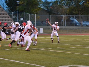 Salisbury Sabres quarterback Reggie Schoeppe played a large role in last week’s game against Jasper Place, as his 75-yard touchdown pass to Darian Weekes proved to be the game winner. (Supplied)